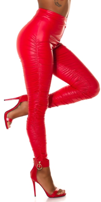 hoge taille wetlook broek volant-geplooide rood